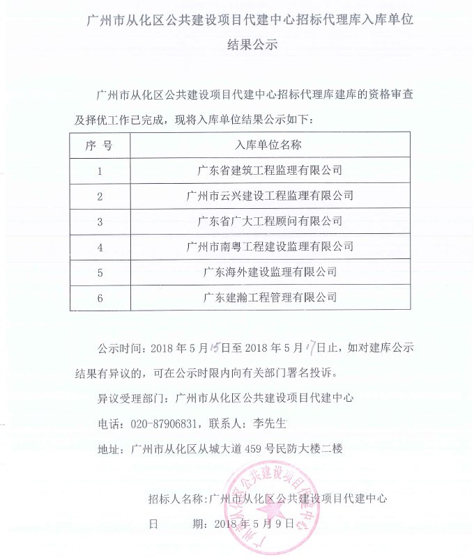 20180514广州市从化区公共建设项目代建中心招标代理库入库单位结果公示 
